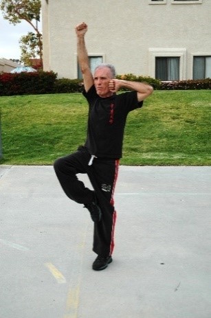 An older man practicing martial arts outdoors, striking a pose with one arm raised and the other bent.